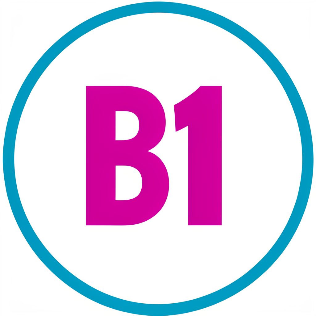 Letra B1 en tipografía bold de color magenta sobre un círculo blanco con borde azul teal