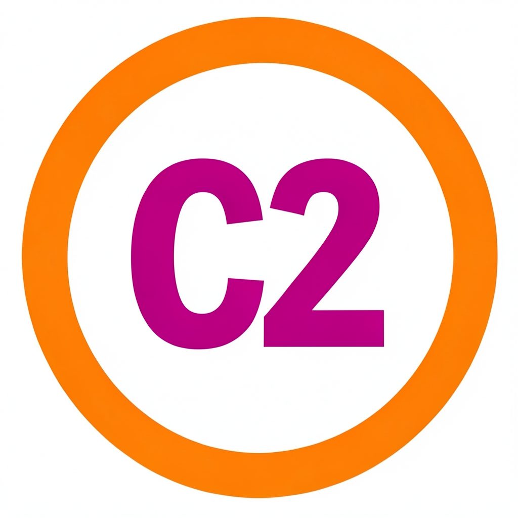 Letra C2 en tipografía bold de color magenta intenso sobre un círculo blanco con borde naranja