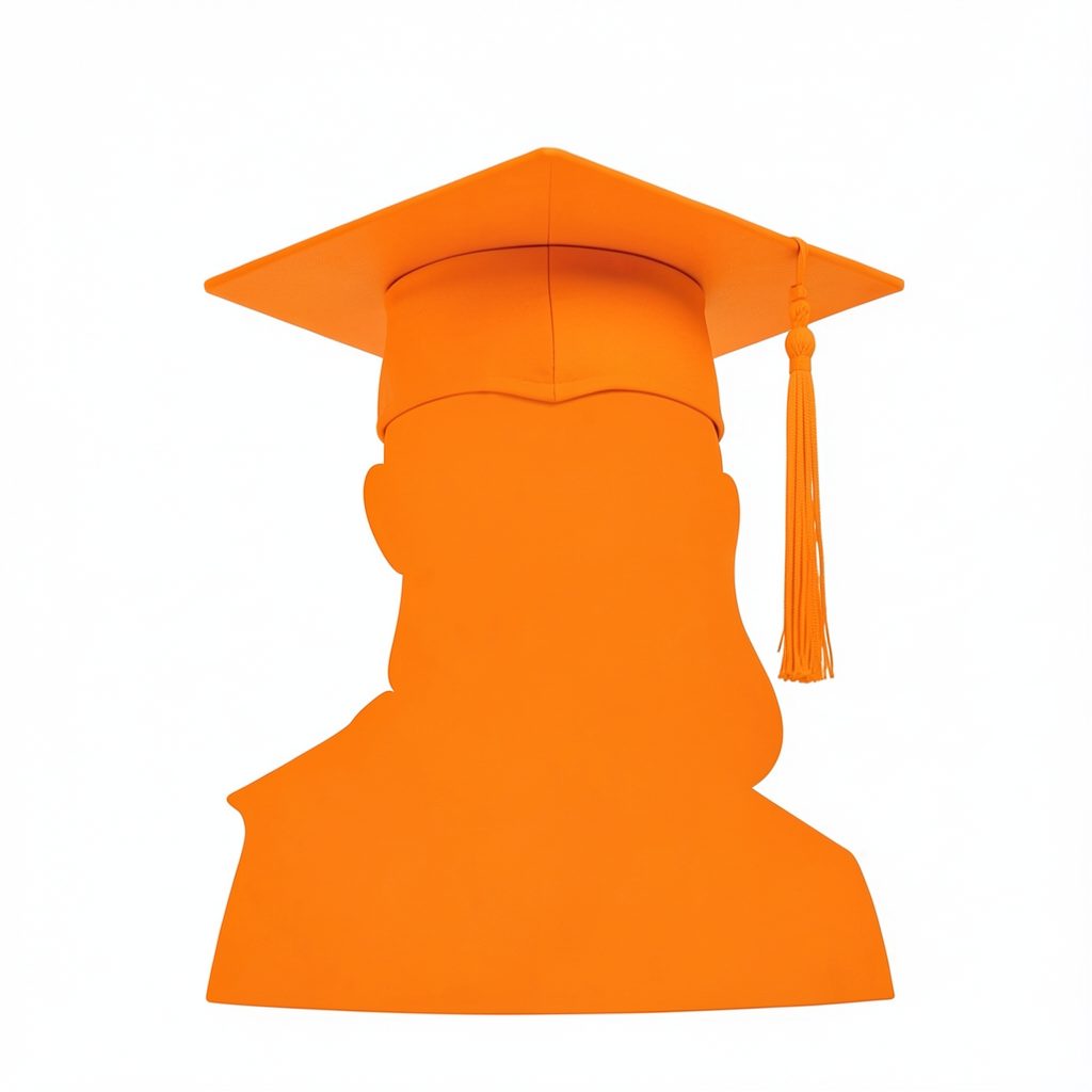 Silueta de un birrete académico en color naranja sobre fondo blanco, representando excelencia educativa