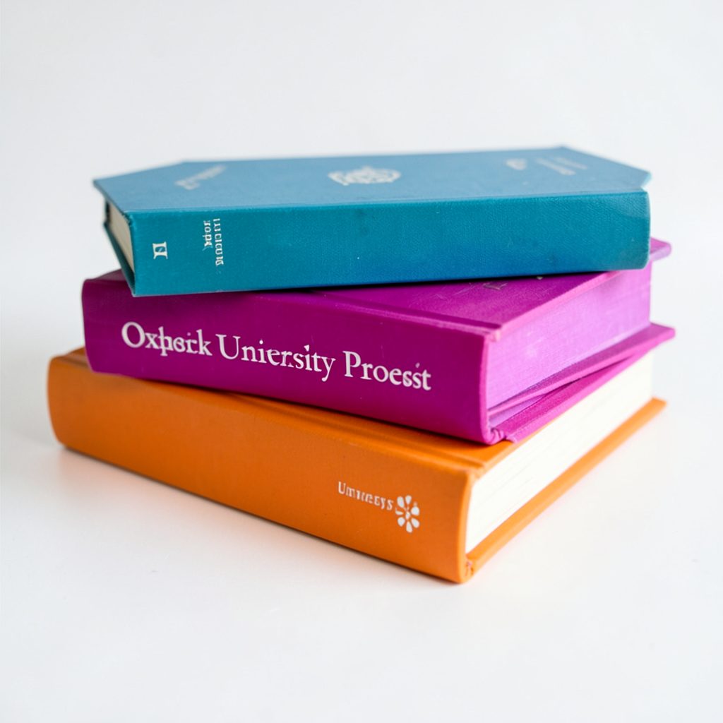Tres libros apilados en tonos azul teal, magenta y naranja, simbolizando los materiales Oxford University Press